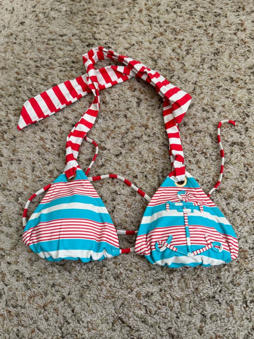 Women’s Striped Triangle Bikini Top in Red & Teal